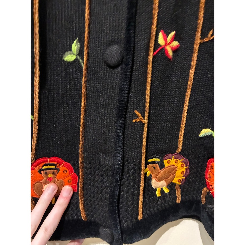 Quacker Factory Thanksgiving Turkey Embroidered Cardigan Sweater Black Medium - Picture 6 of 6
